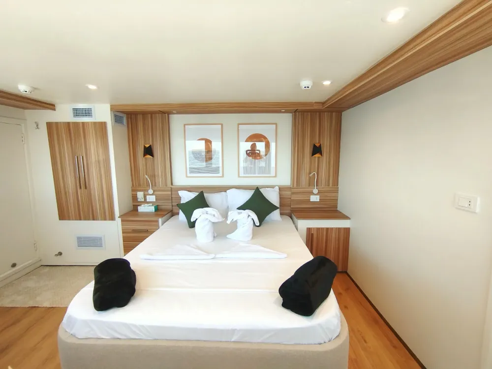 Panorama Suite — двуспальная кровать, шкаф и тумбы в светлой деревянной отделке