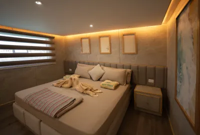 Premium cabin on Avo with a double bed and a window onto the sea
