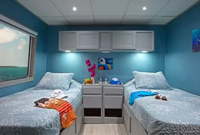 Deluxe stateroom on Belize Aggressor IV — twin beds and a window over the sea