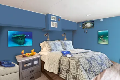 Master stateroom on Cayman Aggressor IV with a king bed against a blue bulkhead