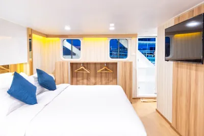 Master cabin on Deep Andaman Queen with a king-size bed and TV