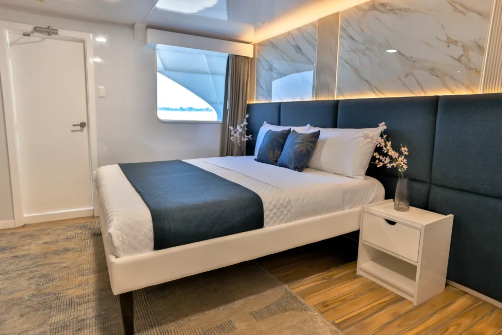 Galaxy Diver II cabin with a double bed, bedside table and panoramic window