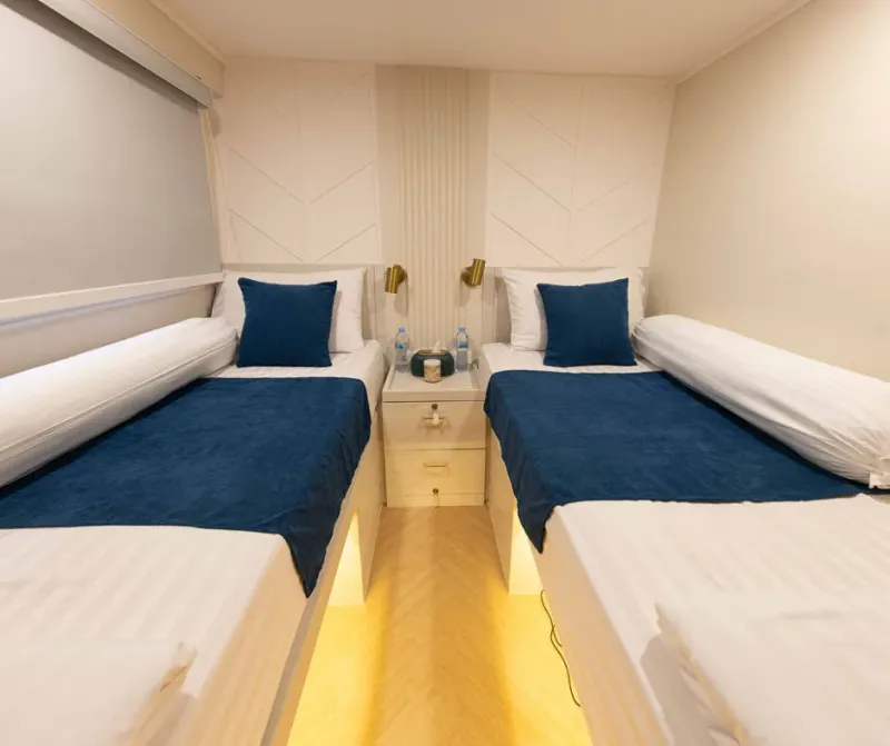 Twin beds in a Krishna 3 main deck cabin with floor-level lighting