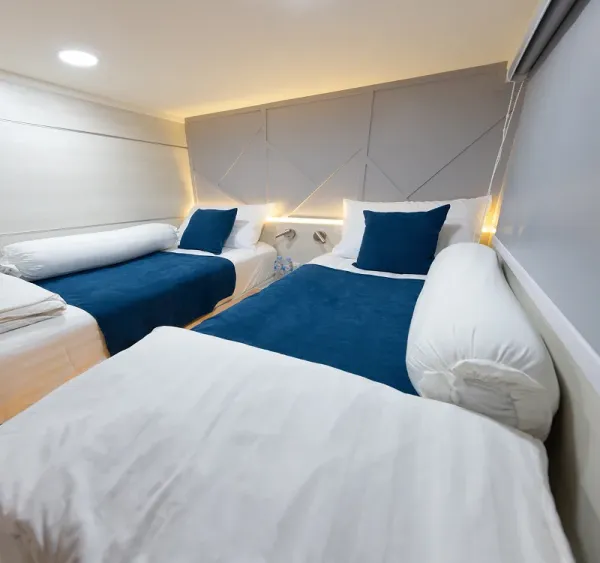 Cabin A4 on Krishna 3 with a window and padded headboard