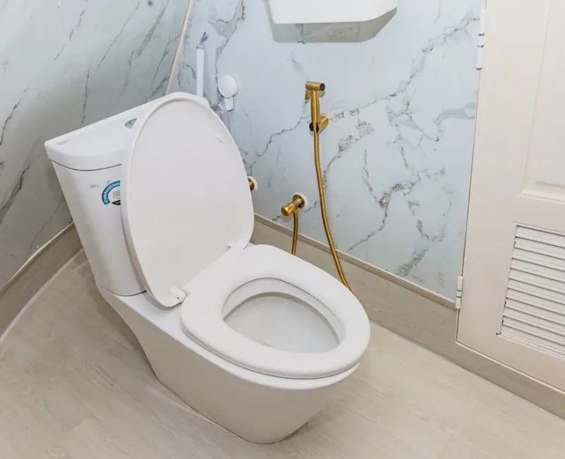 En-suite bathroom of the Krishna 3 master cabin with marble-effect finish