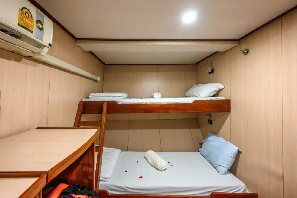 Bunk beds and a small desk in a Manta Queen 2 cabin