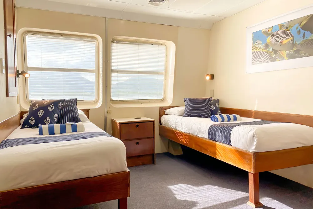 Twin cabin on Ocean Quest with two single beds beside the windows