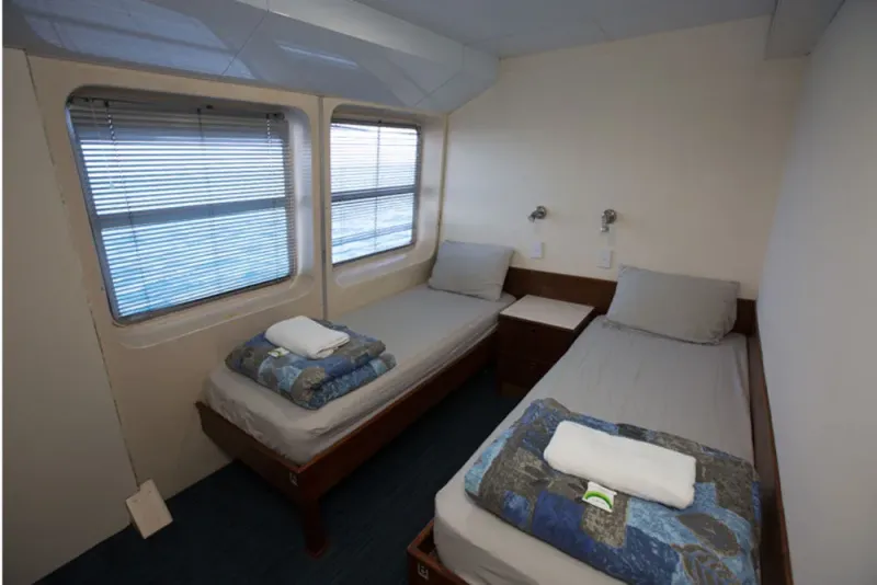 Ocean Quest twin cabin with separate beds and a sea view