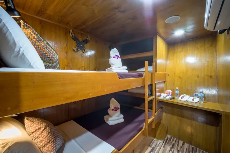 Budget cabin — berths and storage shelves