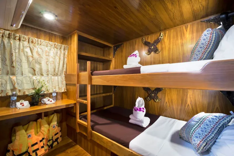 Deluxe cabin — berths and storage shelves