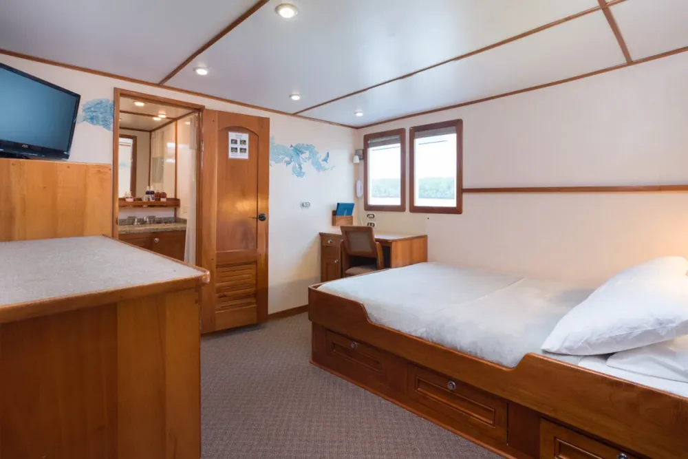 Upper deck suite on Sea Hunter — bed, TV and the bathroom door