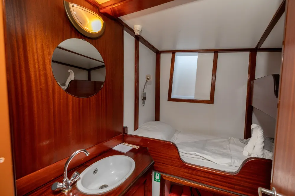 Category B cabin on Sea Pearl, berth against the bulkhead and wash basin