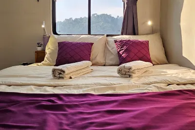 En-suite cabin on Seatopia with a double bed beside the panoramic window