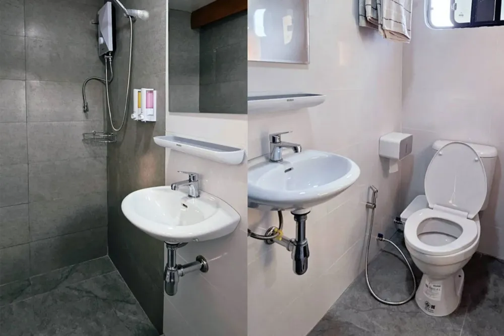 Private bathroom of a main deck cabin with shower and basin