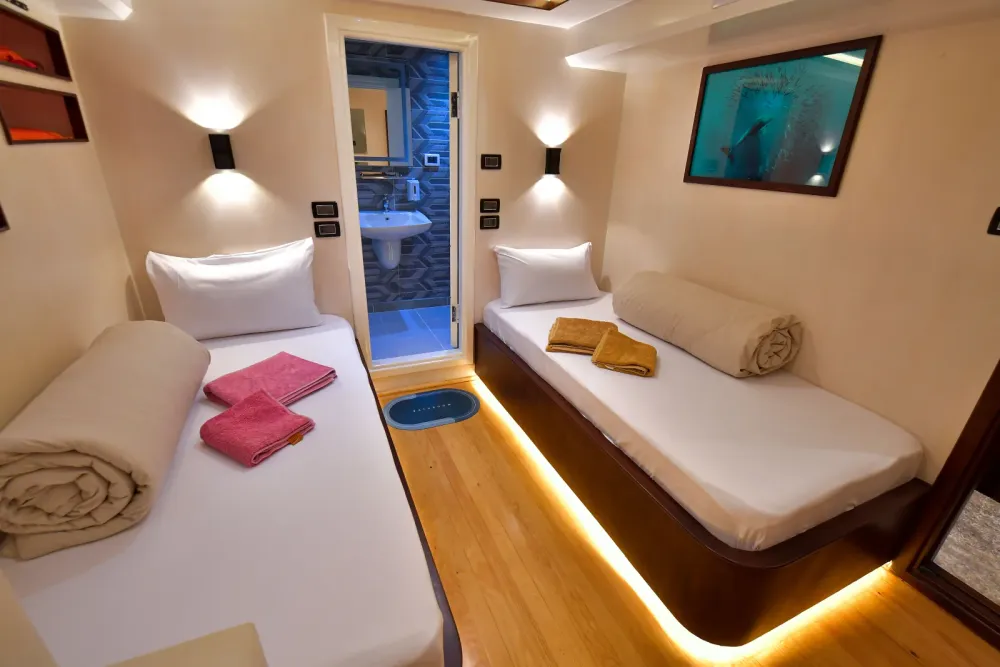 Lower deck cabin with made-up beds and floor-level lighting