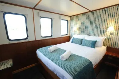 Ocean View Deluxe cabin on Spirit of Freedom — double bed beside the panoramic windows