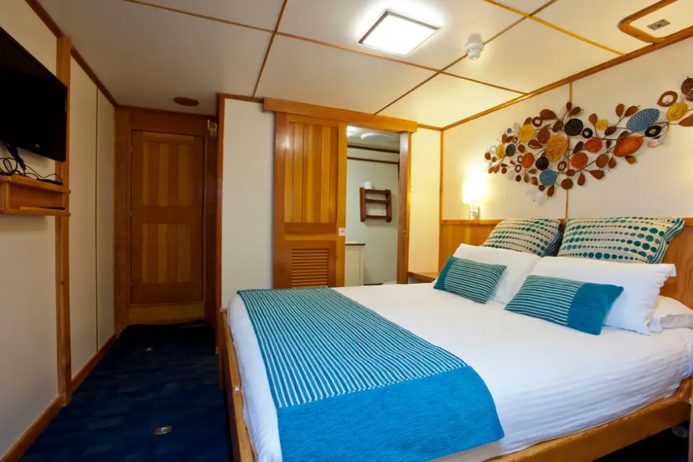 Stateroom on Spirit of Freedom — queen-size bed in the vessel's largest cabin