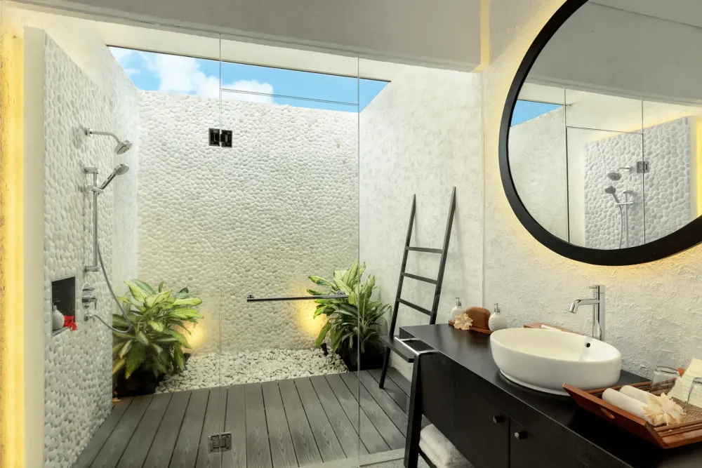 Cottage bathroom with an open-air shower