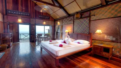 Chalet interior looking out to sea