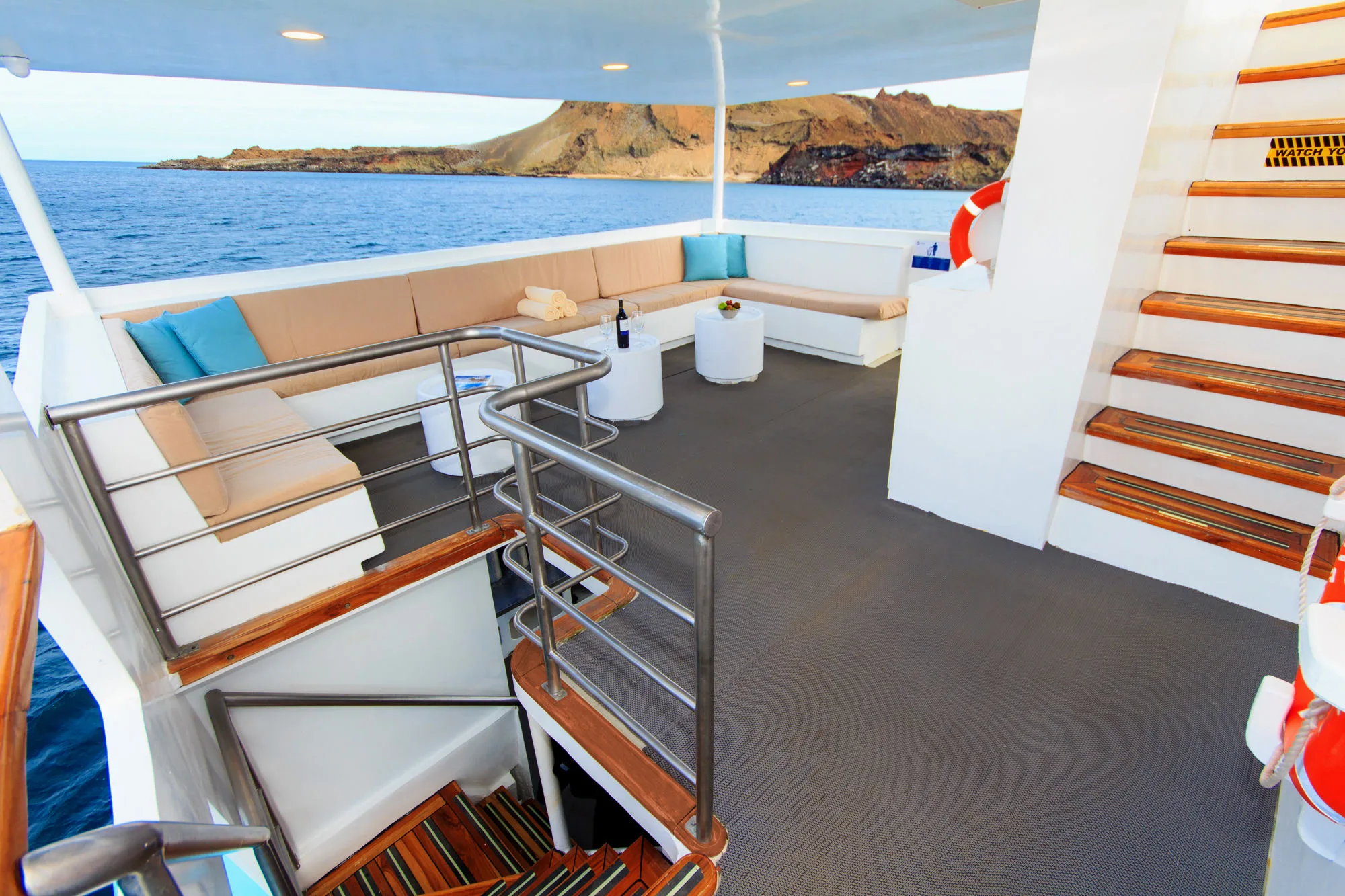 Lounge and stairway on the upper deck of Aqua