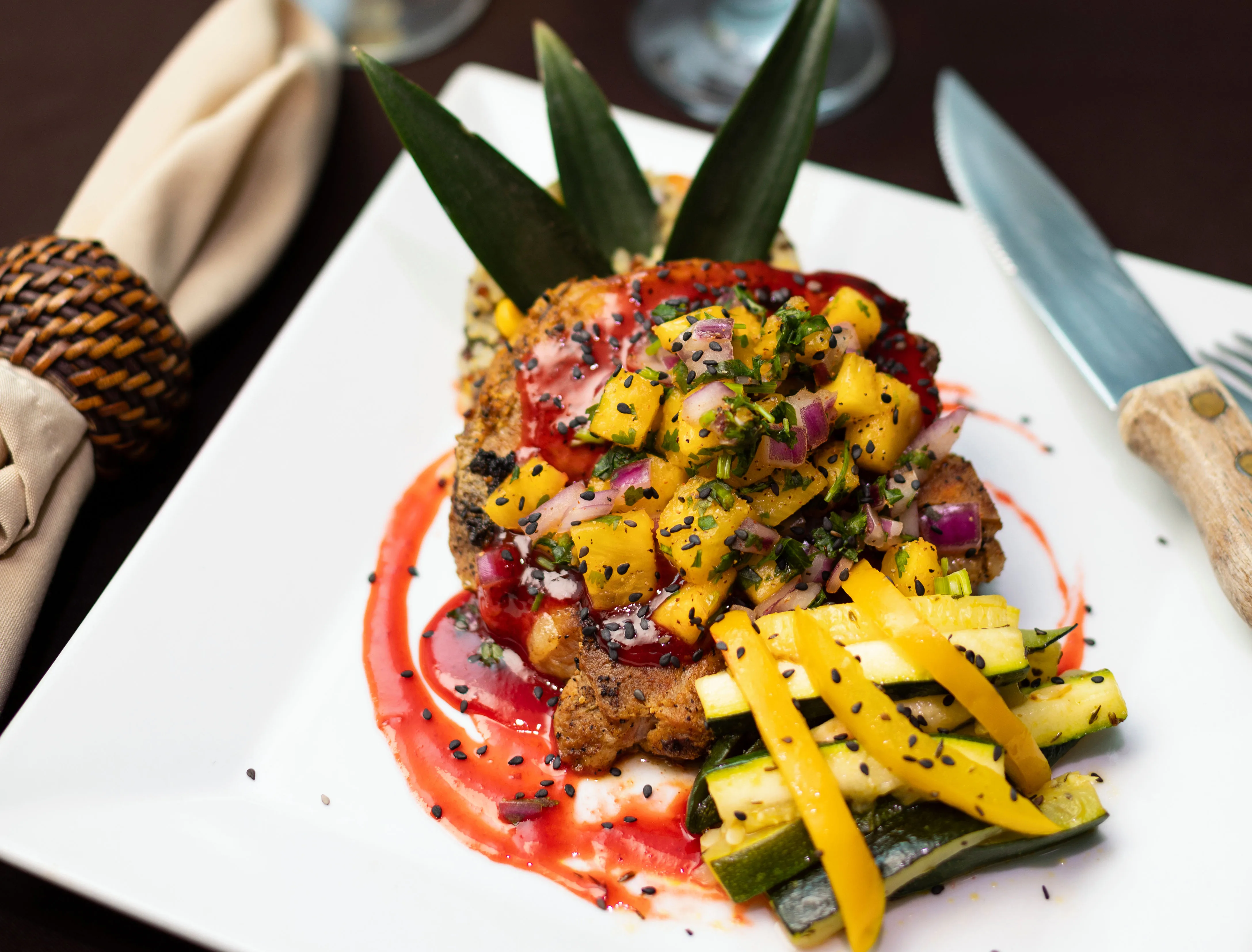 Main course with mango salsa on Belize Aggressor III