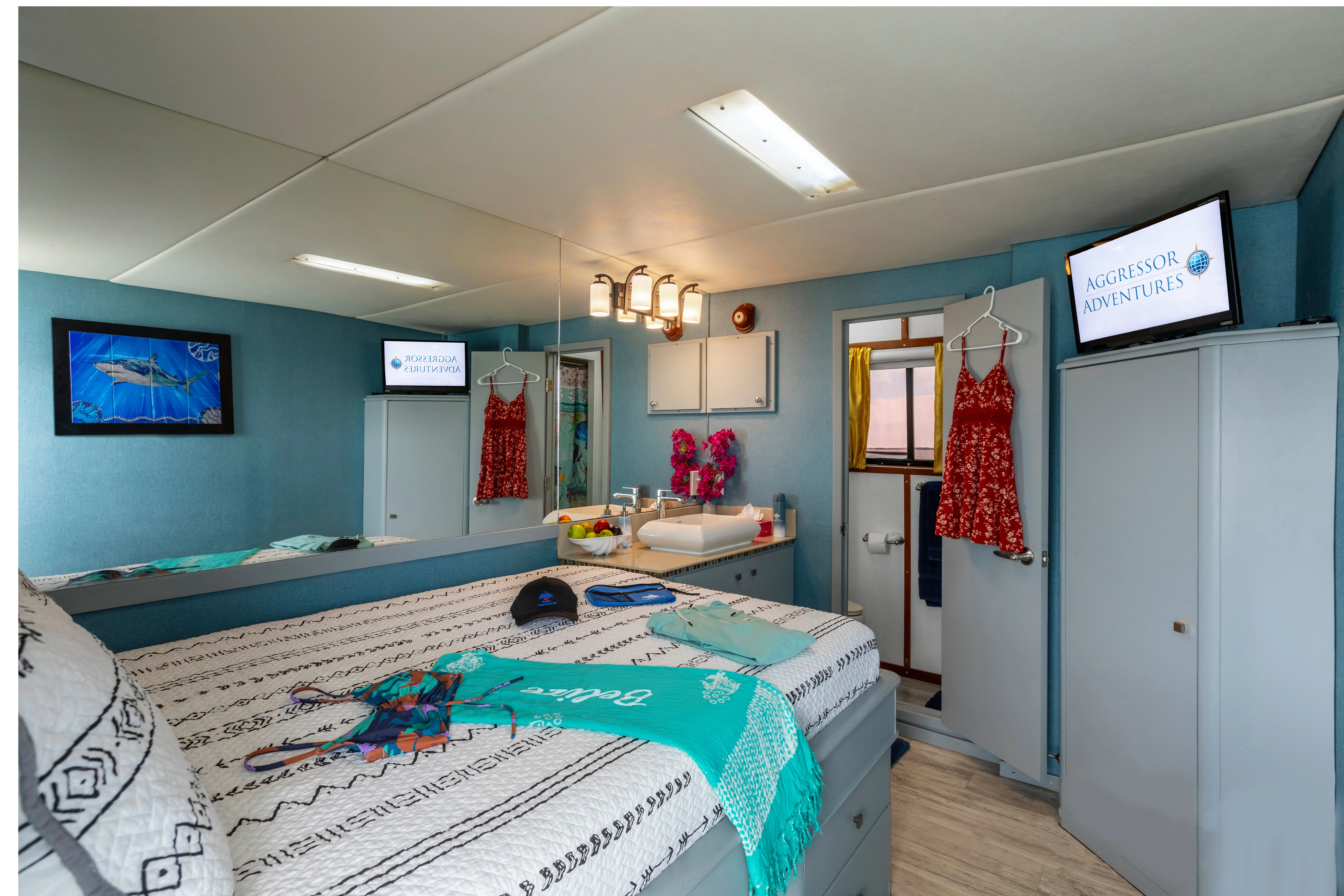 Master cabin on Belize Aggressor III — double bed and picture window