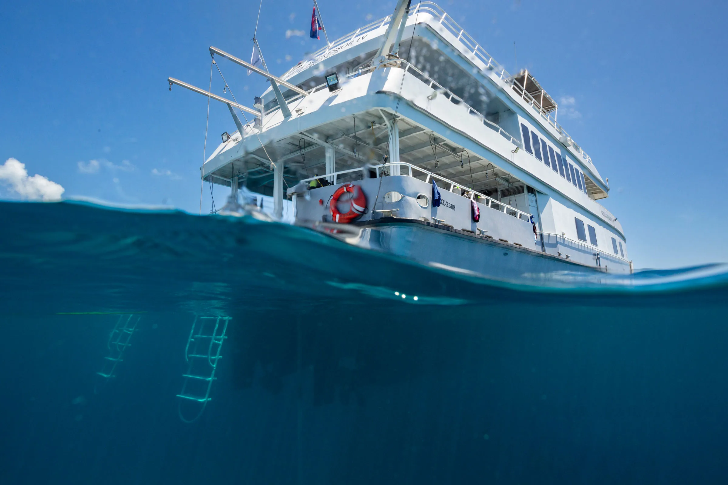 Split-level view of the hull with ladders running below the surface