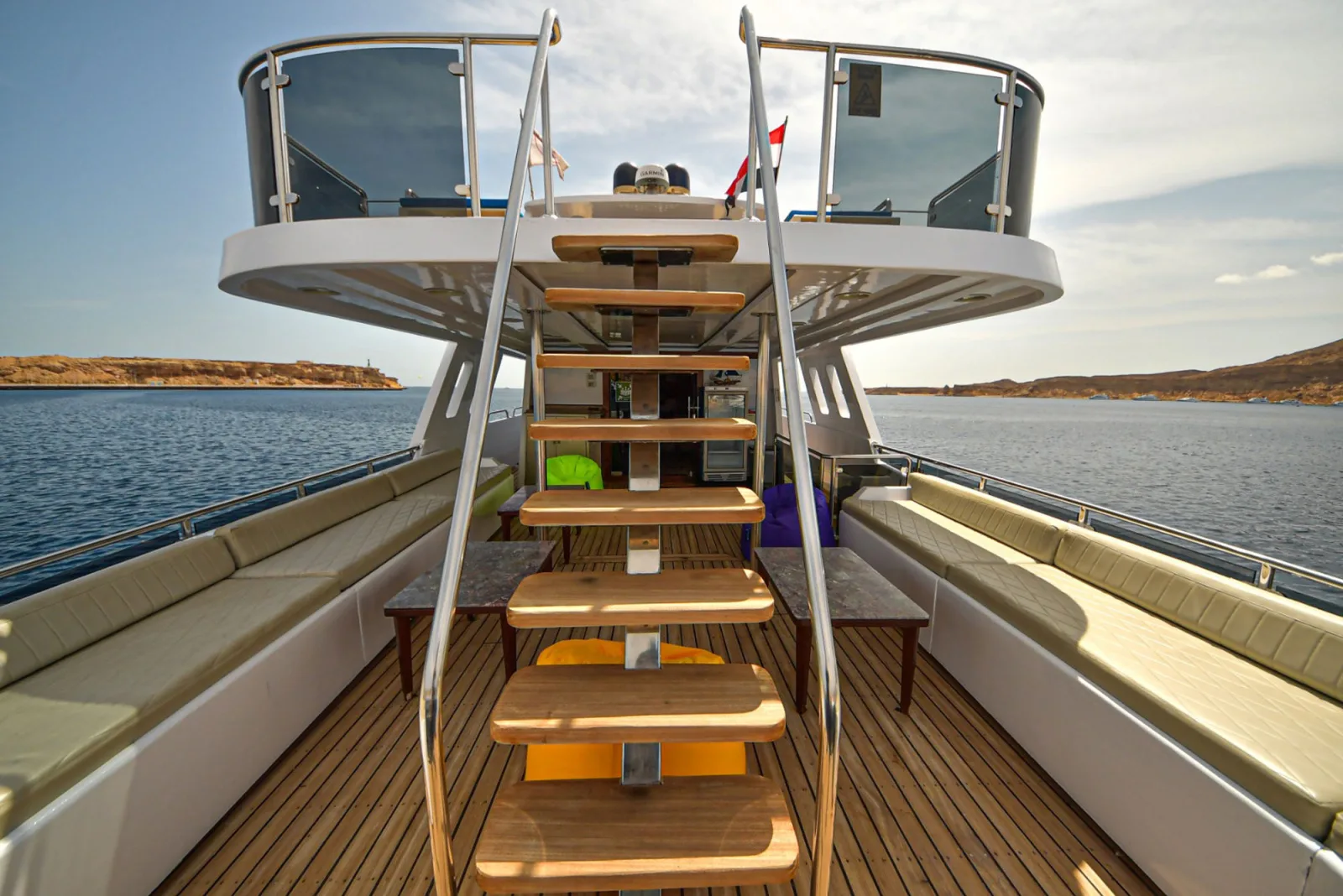 Bella 3 aft deck and the stairs to the upper level
