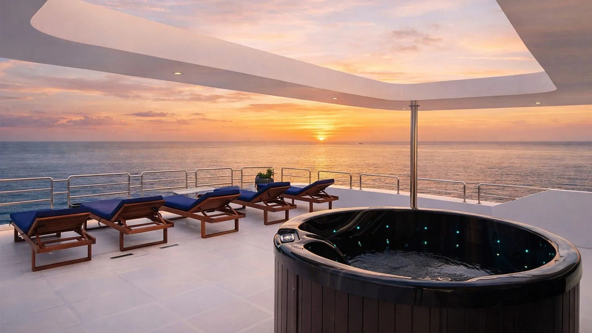 Jacuzzi and loungers on the top deck of Black Manta at sunset