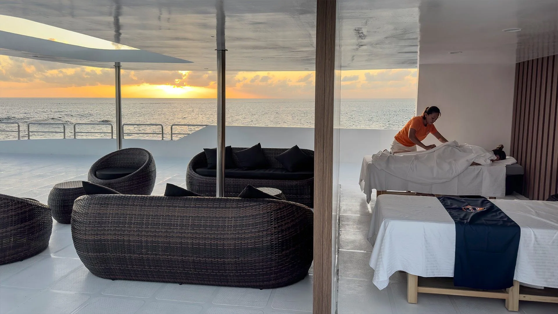Relaxation and massage area on the top deck of Black Manta