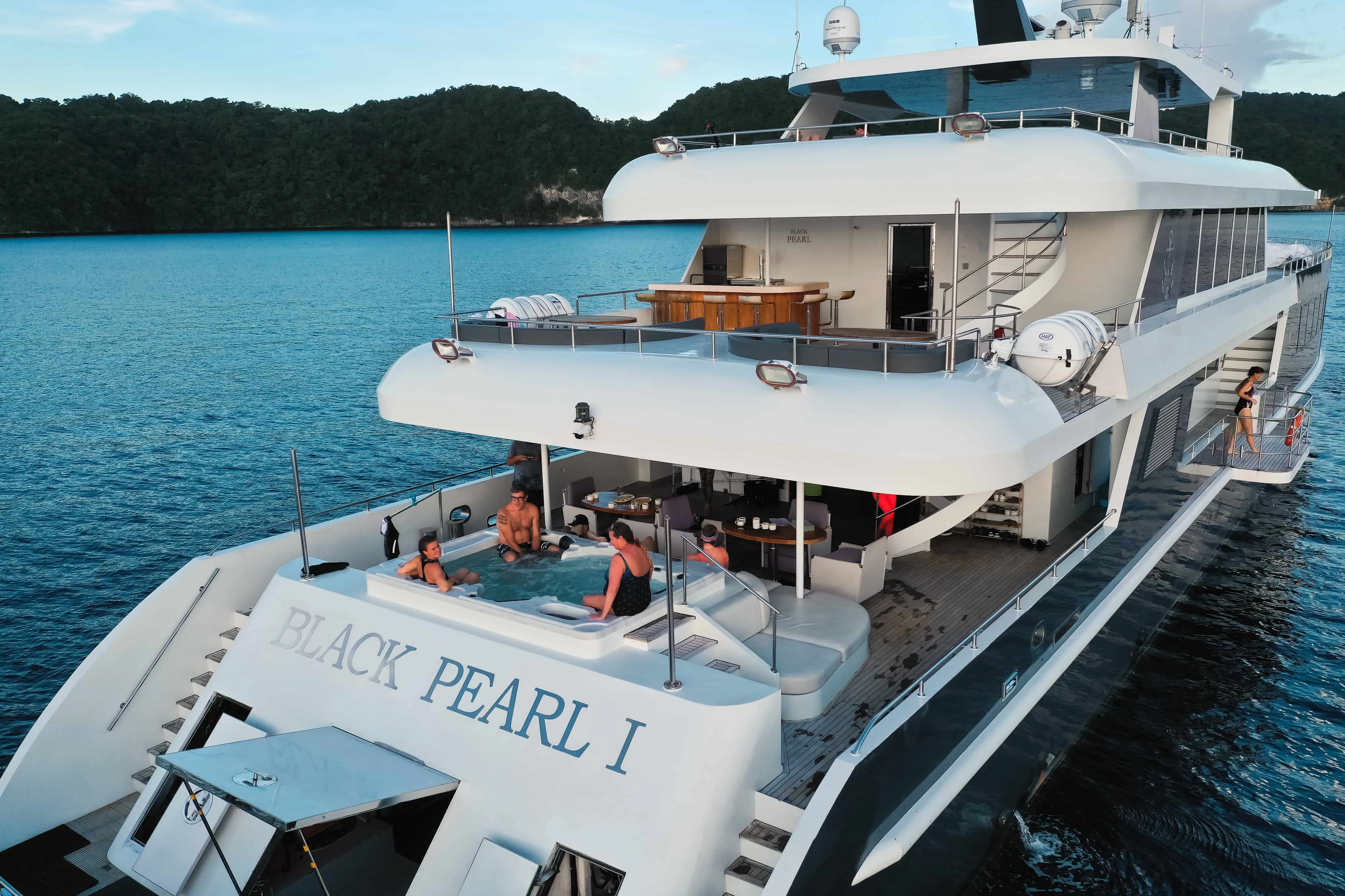 Aft decks of Black Pearl with the vessel name on the transom