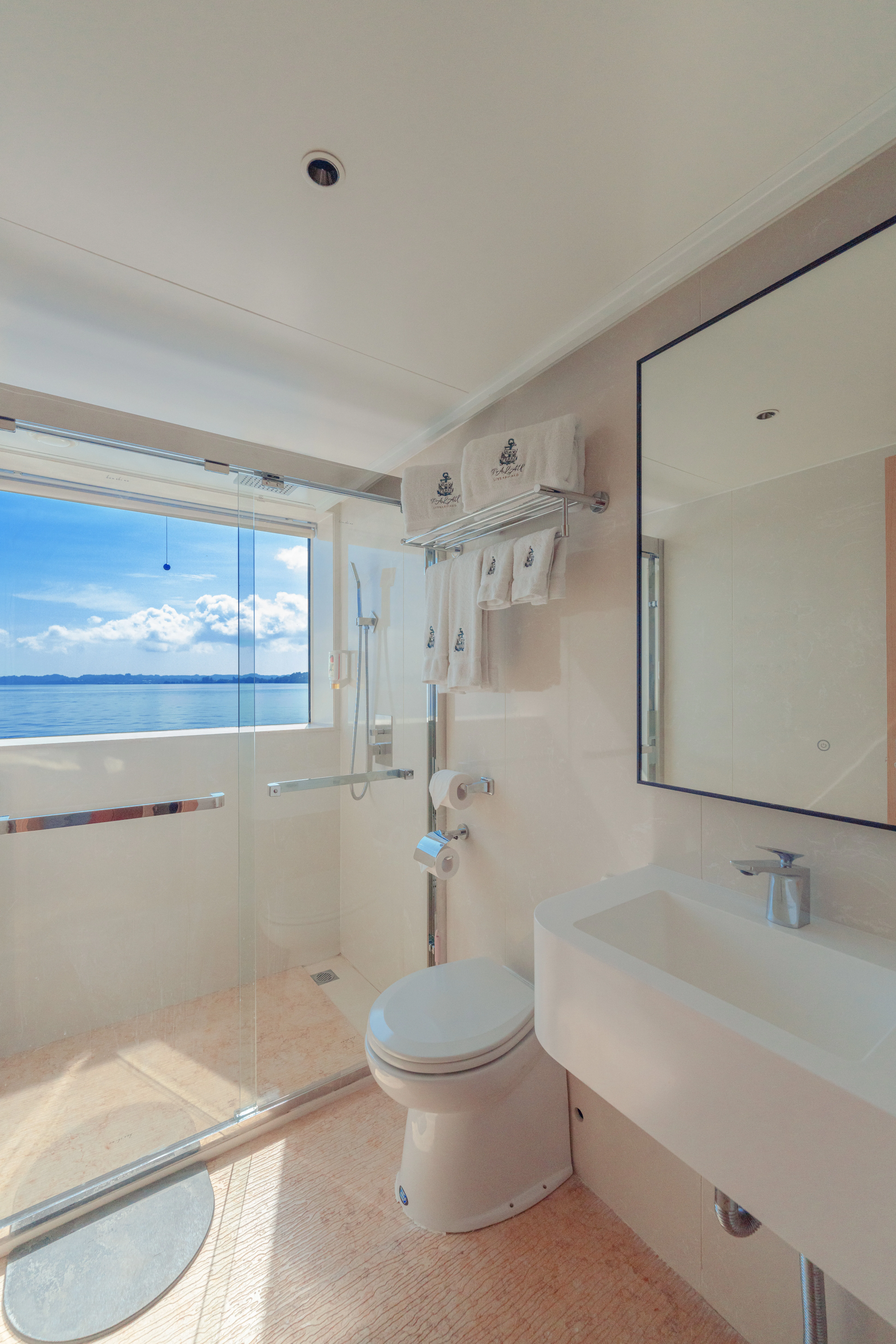 Seaview bathroom on Black Pearl — shower and a window onto the ocean