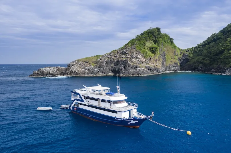 Aerial view of Blue Dolphin beside a rocky island in the Andaman Sea