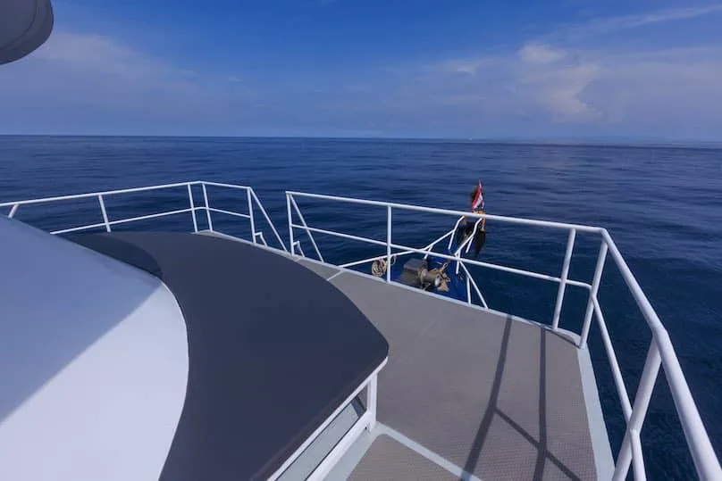 Foredeck of Blue Dolphin looking out to open sea