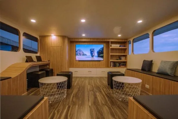 Air-conditioned saloon with sofas, a large screen and a library