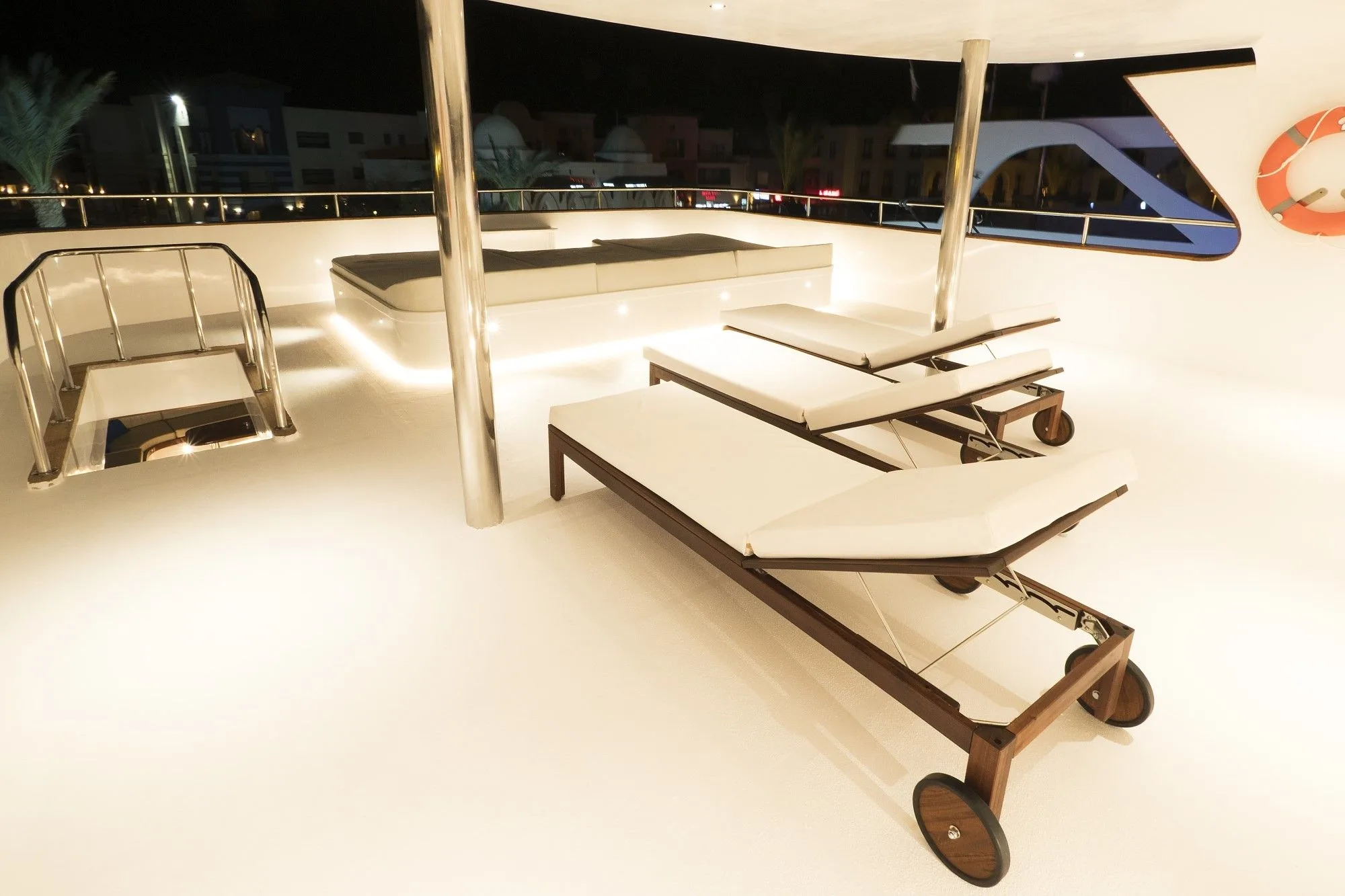 Sun deck of Blue Force Three with deck lighting