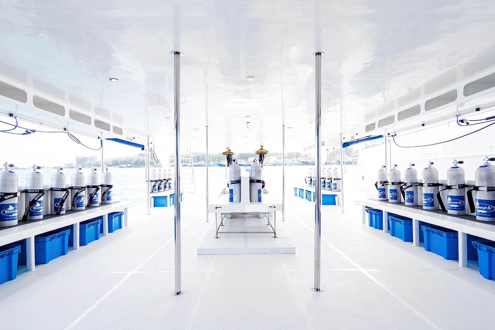 Dive deck on the dhoni of Blue Force Three — gear stations