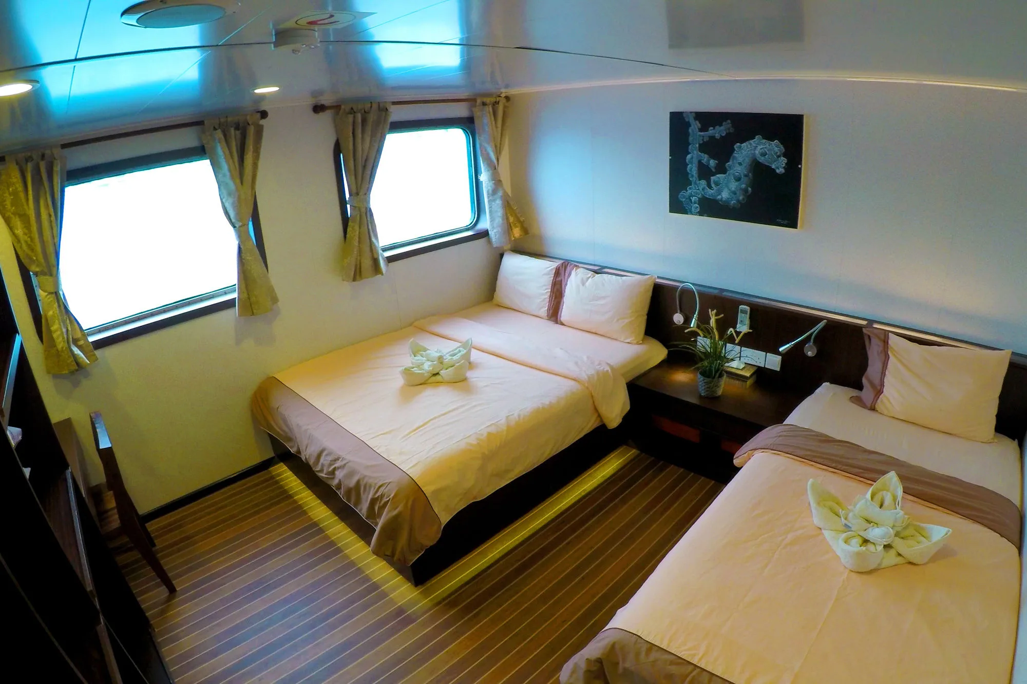 Main deck cabin with a queen and a single bed and two windows
