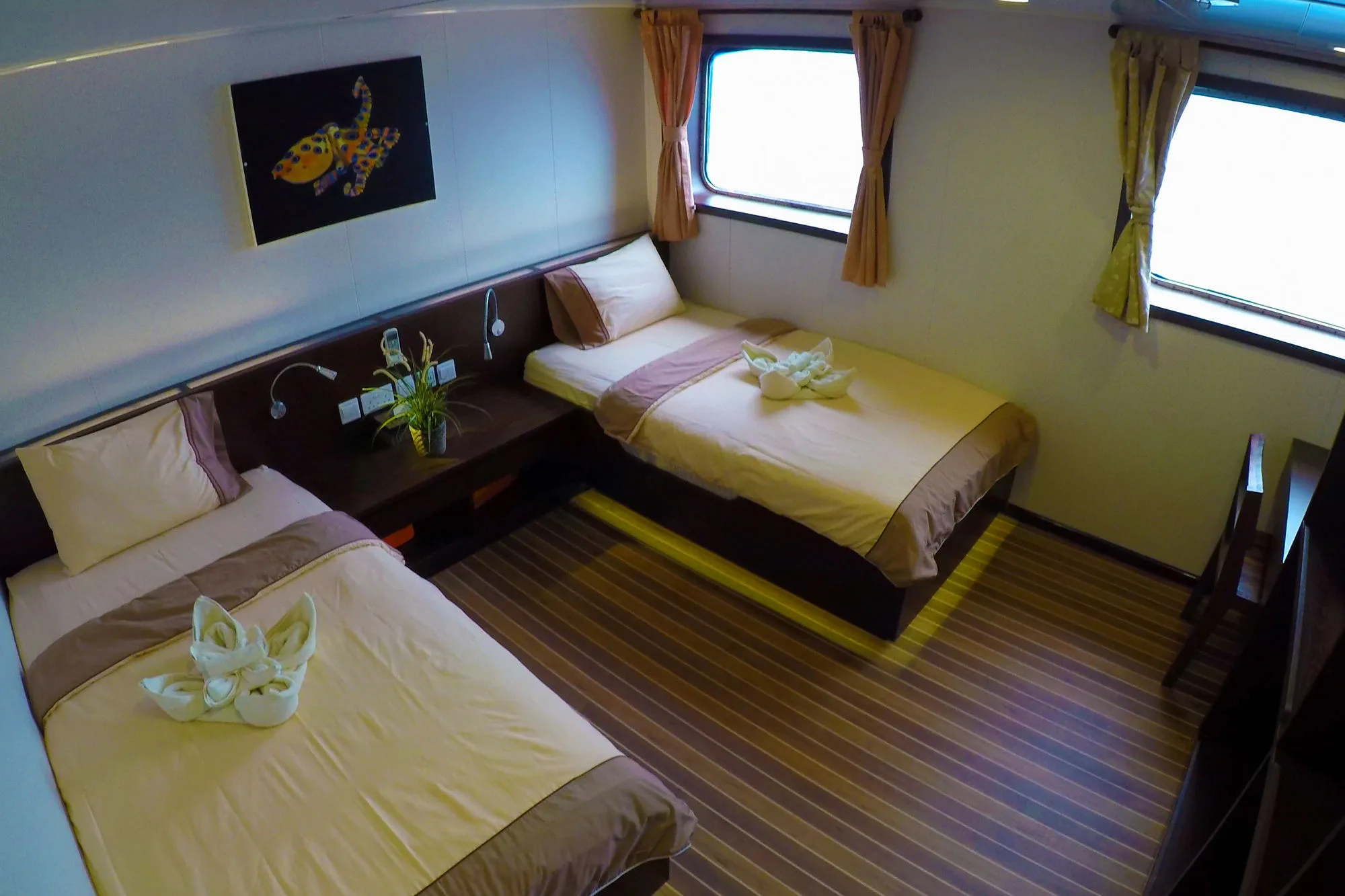 Main deck twin — two beds, a picture above the headboard and a window