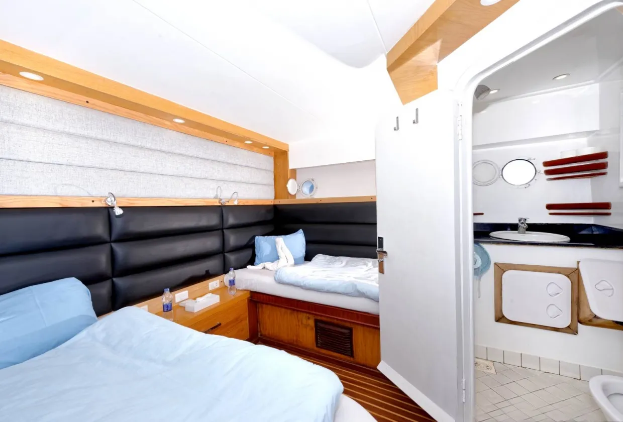 Двухместная каюта нижней палубы Blue Pearl с открытой дверью в душевую