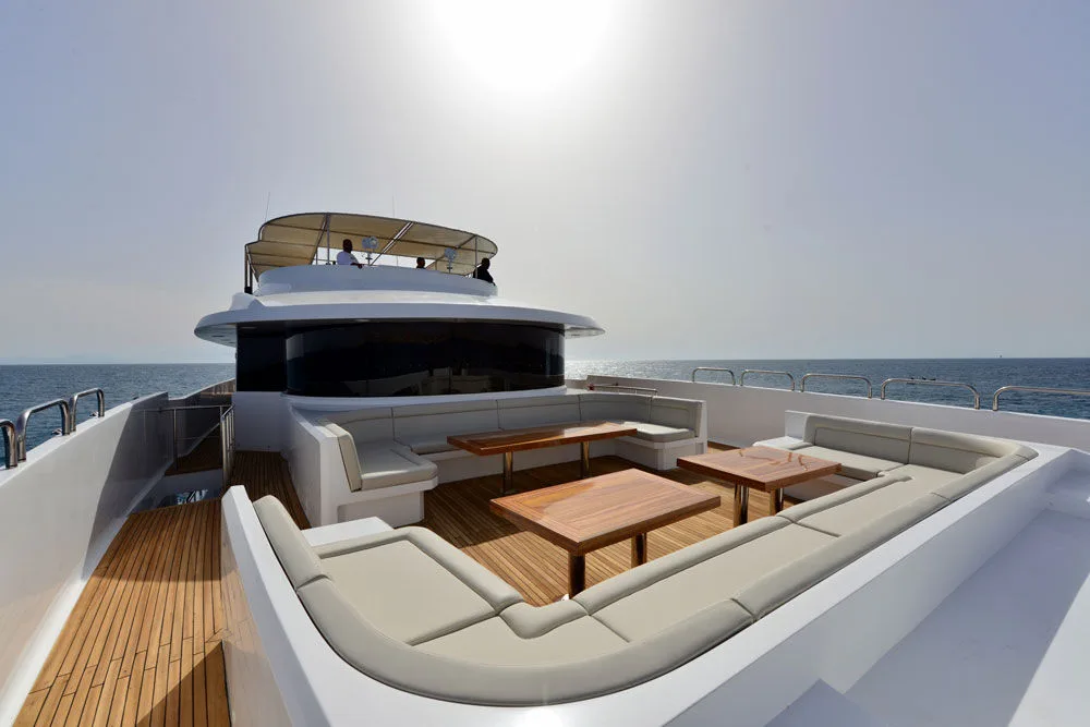 Upper deck seating area on teak decking