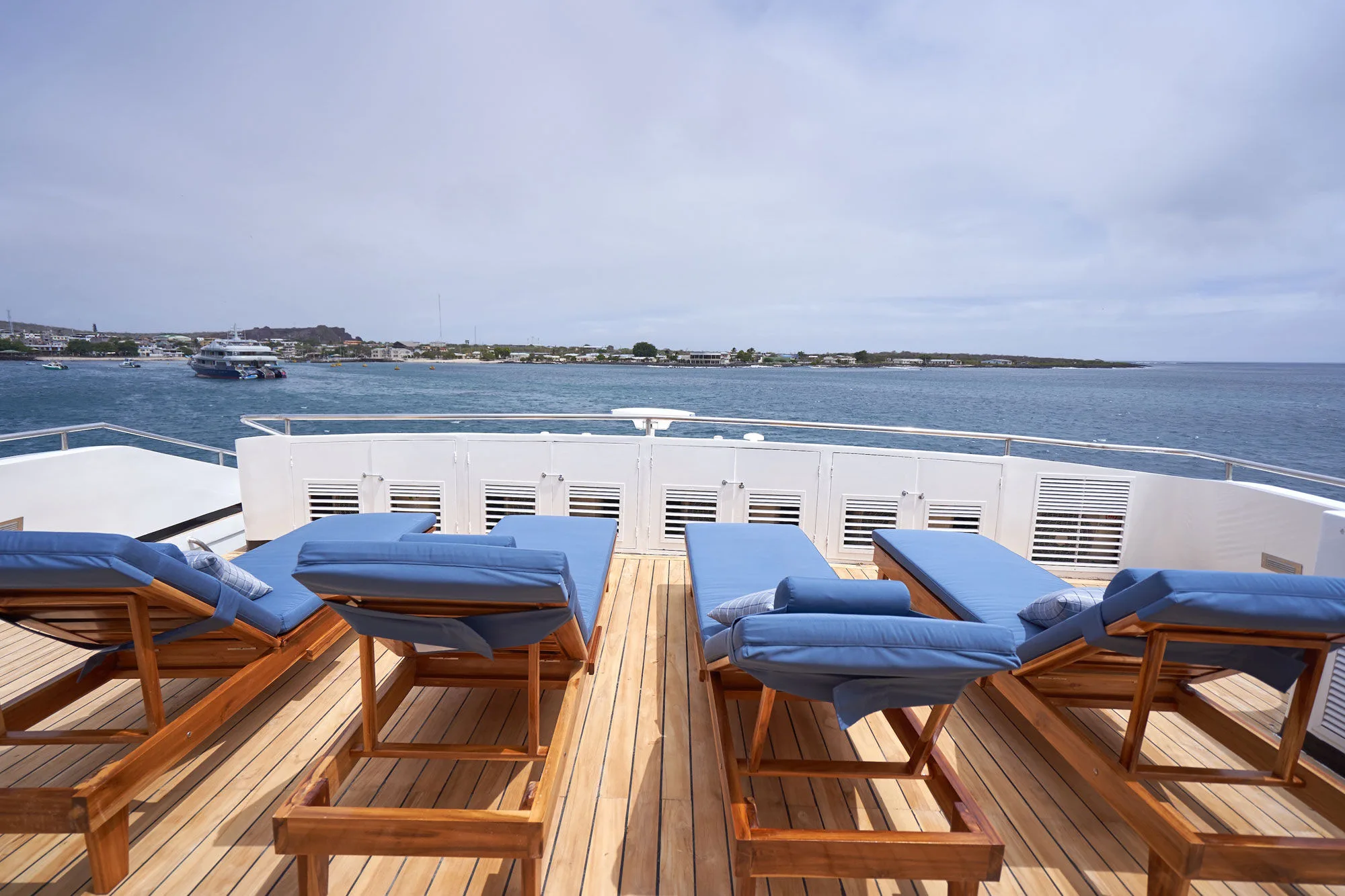 Sun loungers on the teak sun deck of Calipso