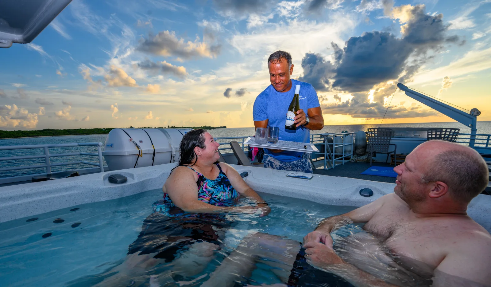 Hot tub on the sun deck of Cayman Aggressor IV at sunset