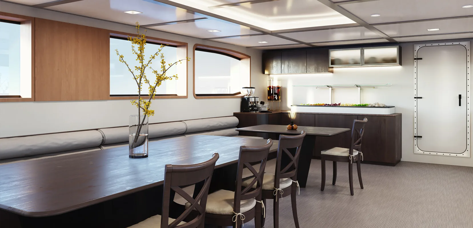 Galley and coffee station with the onboard dining table