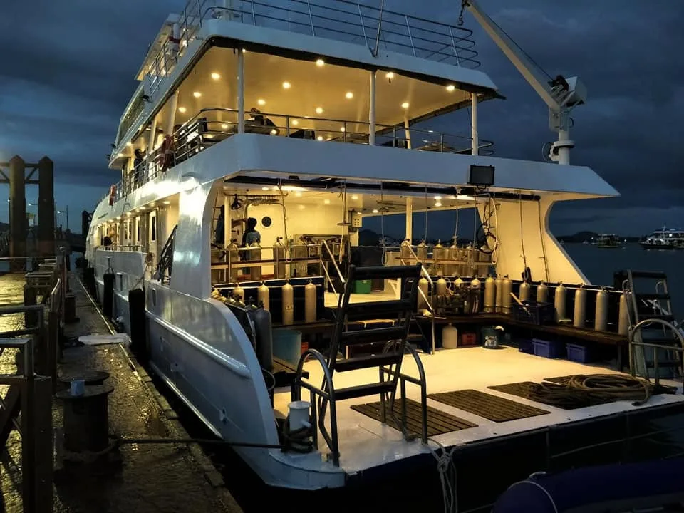 Deep Andaman Queen у причала с включённой подсветкой