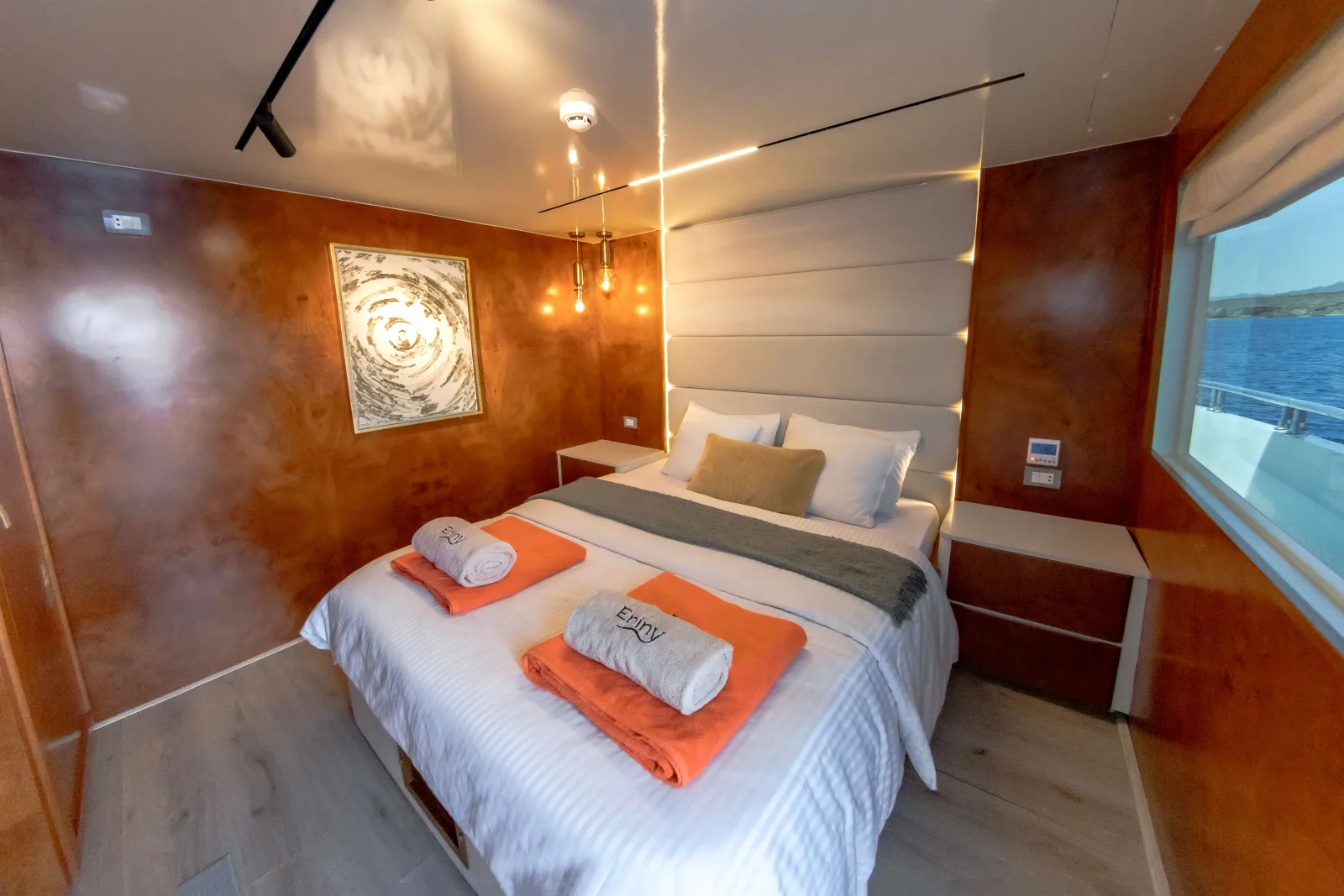 Double cabin on Eriny — lit headboard and panoramic window