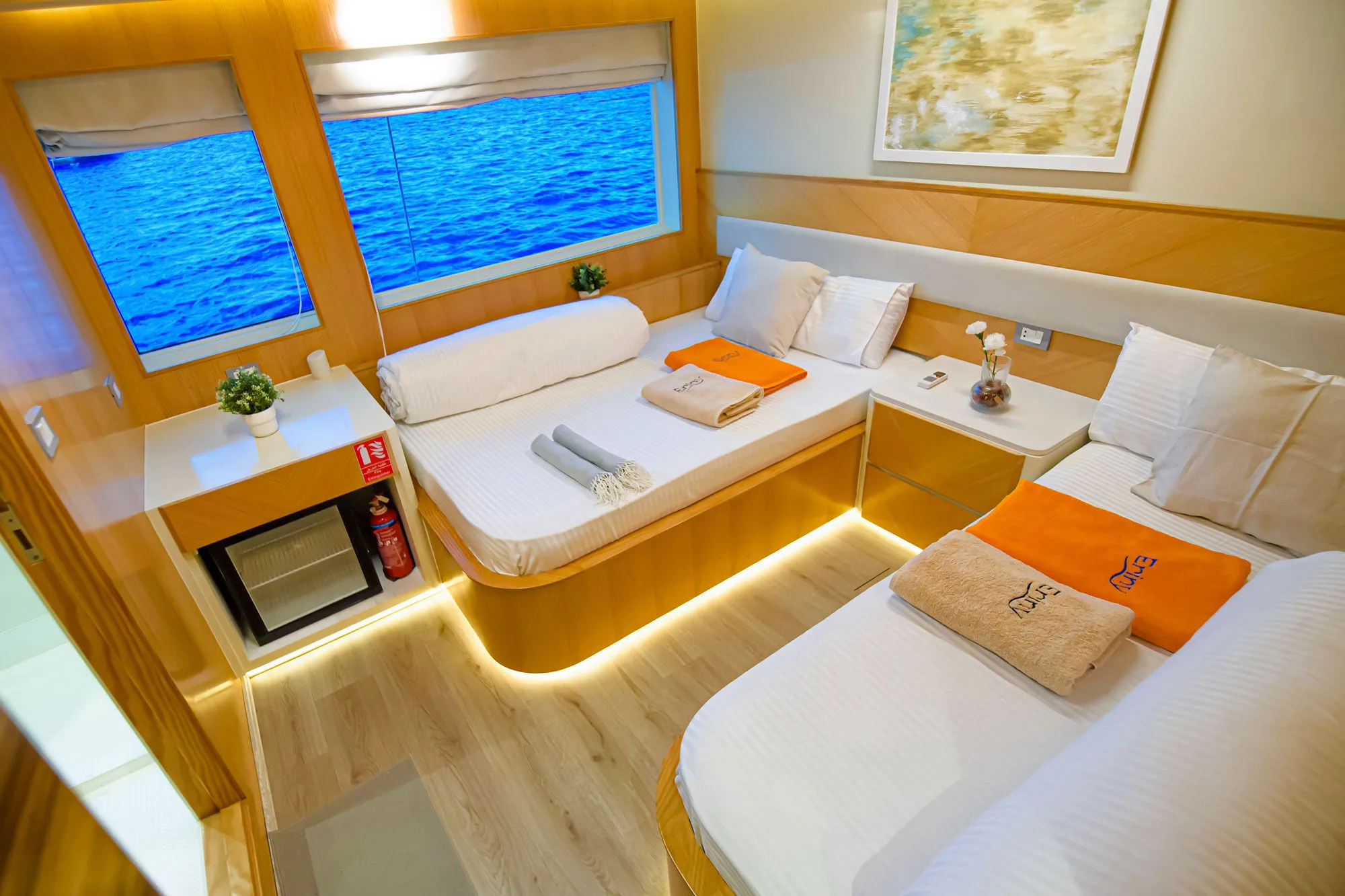 Main deck twin on Eriny — two beds, sea-view windows and a mini-fridge