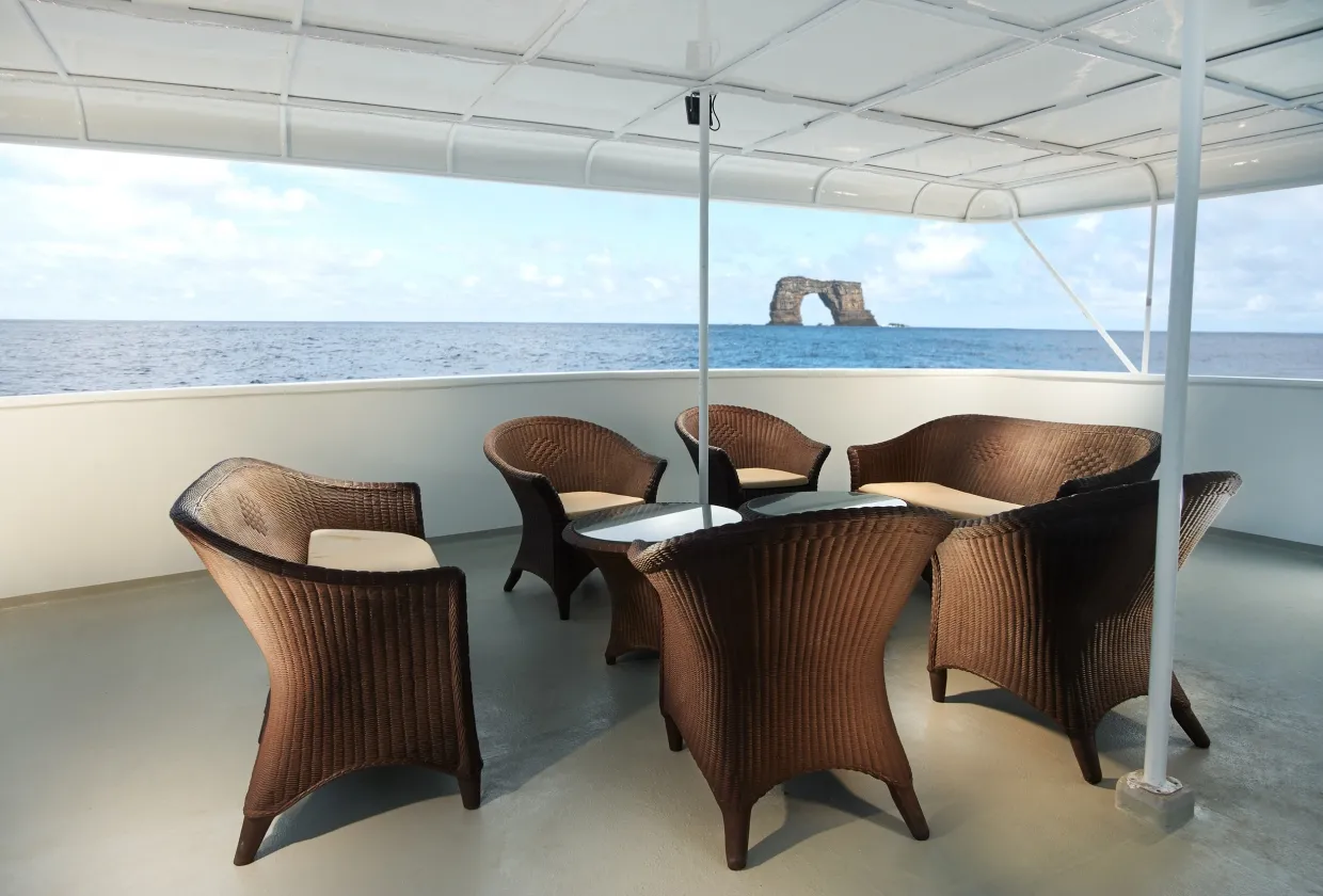 Shaded seating area on the middle deck of Galapagos Master
