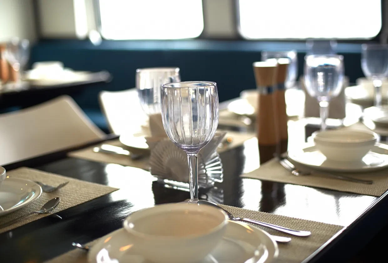 Laid table in the restaurant of Galapagos Master