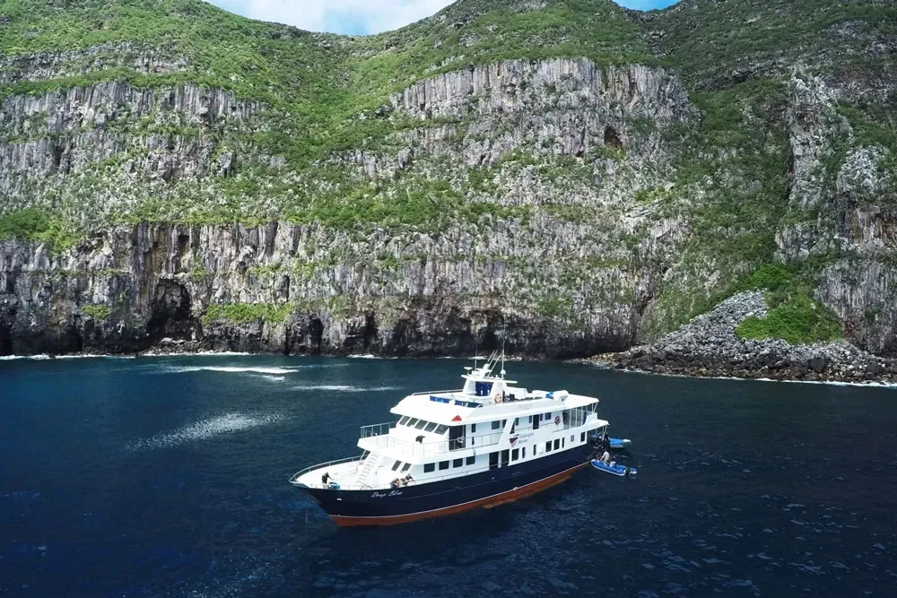 Galapagos Master from the air beside the cliffs of Wolf island